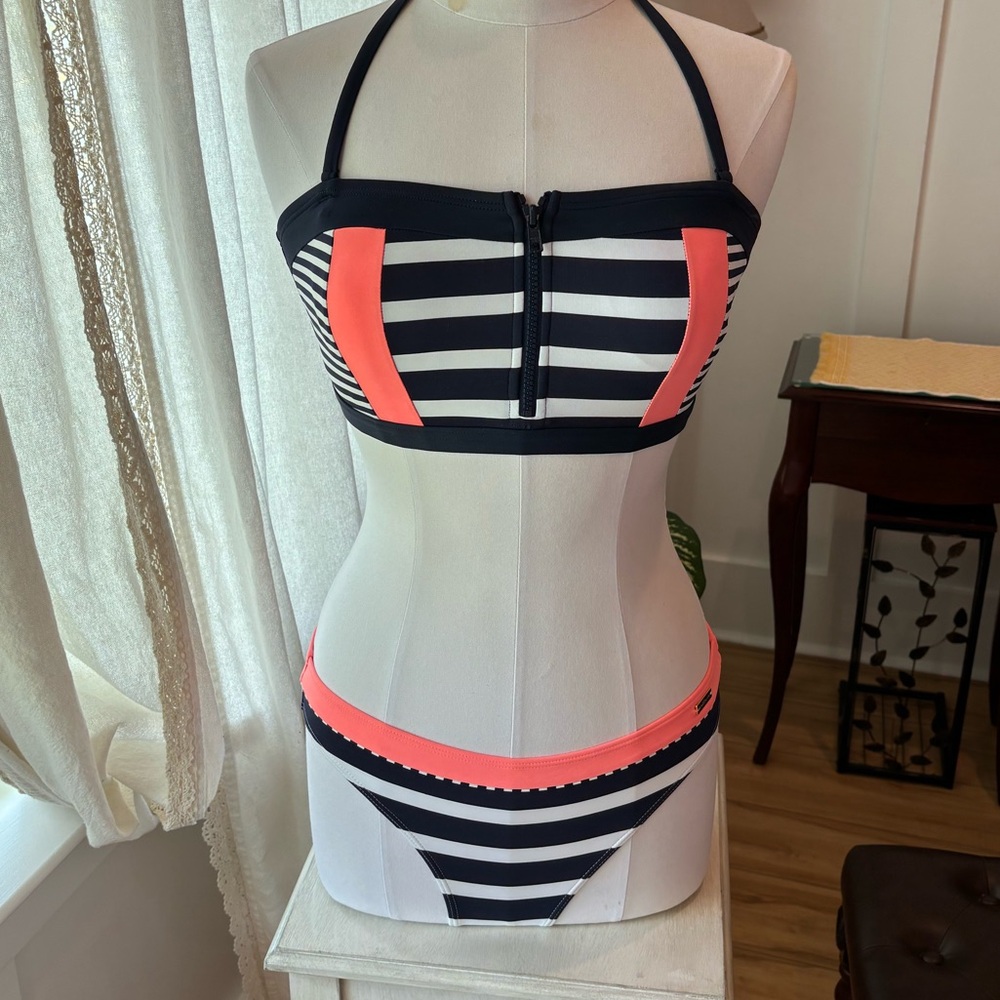 LASCANA VENUS size 6 Striped Halter Bikini Set - Navy and Coral